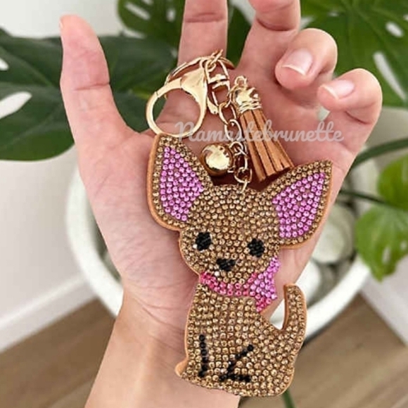 Chihuahua Dog Crystal Rhinestone Keychain Bag Charm With Tan Tassel - Picture 5 of 17